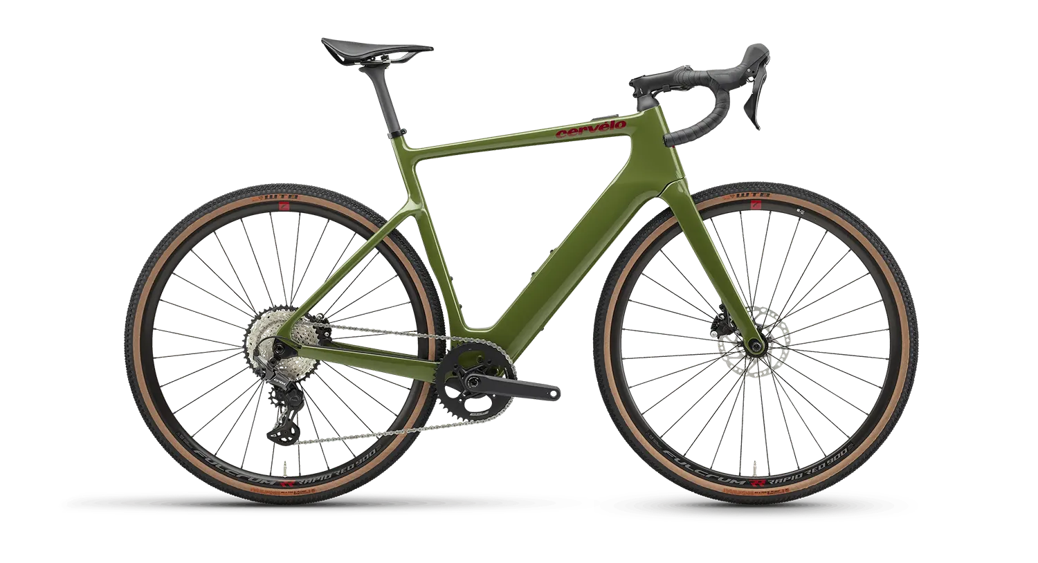 Cervélo Rouvida GRX 610 1 Gravel E-Bike in olive green with a lightweight carbon frame, Shimano GRX 610 drivetrain, and all-terrain tires.