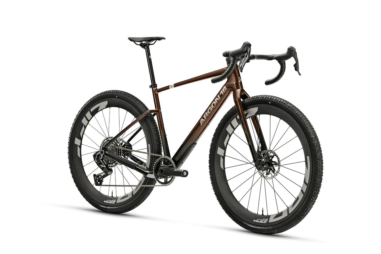 Side angle of Argon 18 Dark Matter Force XPLR AXS Gravel Bike showing aerodynamic frame design and SRAM wireless drivetrain.