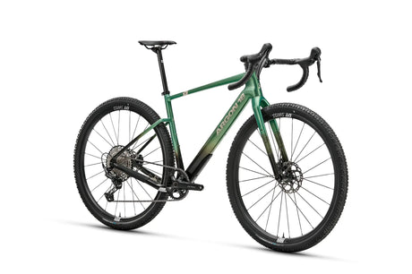 Three-quarter rear view of green Argon 18 Dark Matter GRX RX822 (1x) Gravel Bike, highlighting its geometry and Shimano GRX components.