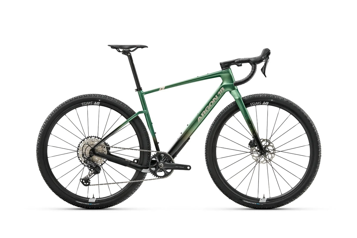 Argon 18 Dark Matter GRX RX822 (1x) Gravel Bike in green colorway with 1x drivetrain, designed for high-performance gravel riding.