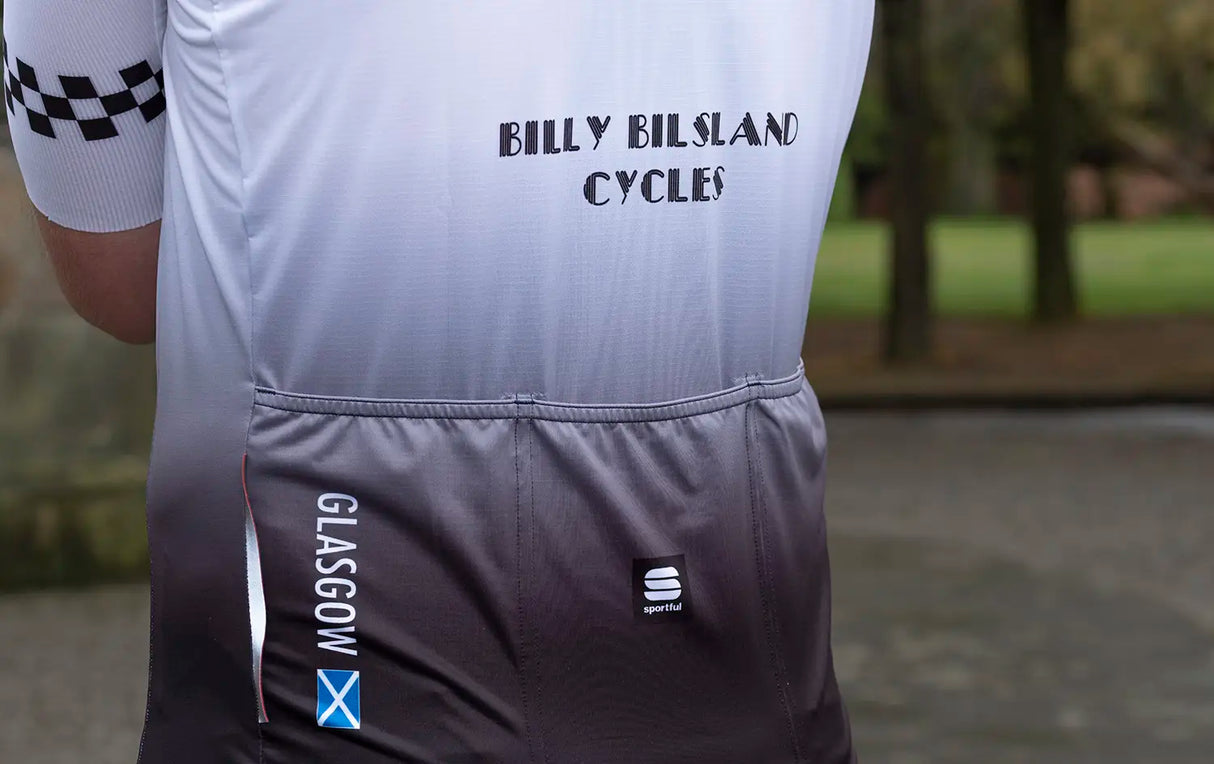 Rear pocket section of the 45th Anniversary Short Sleeve Mens Jersey with Glasgow and Scotland flag details, perfect for local cycling pride.