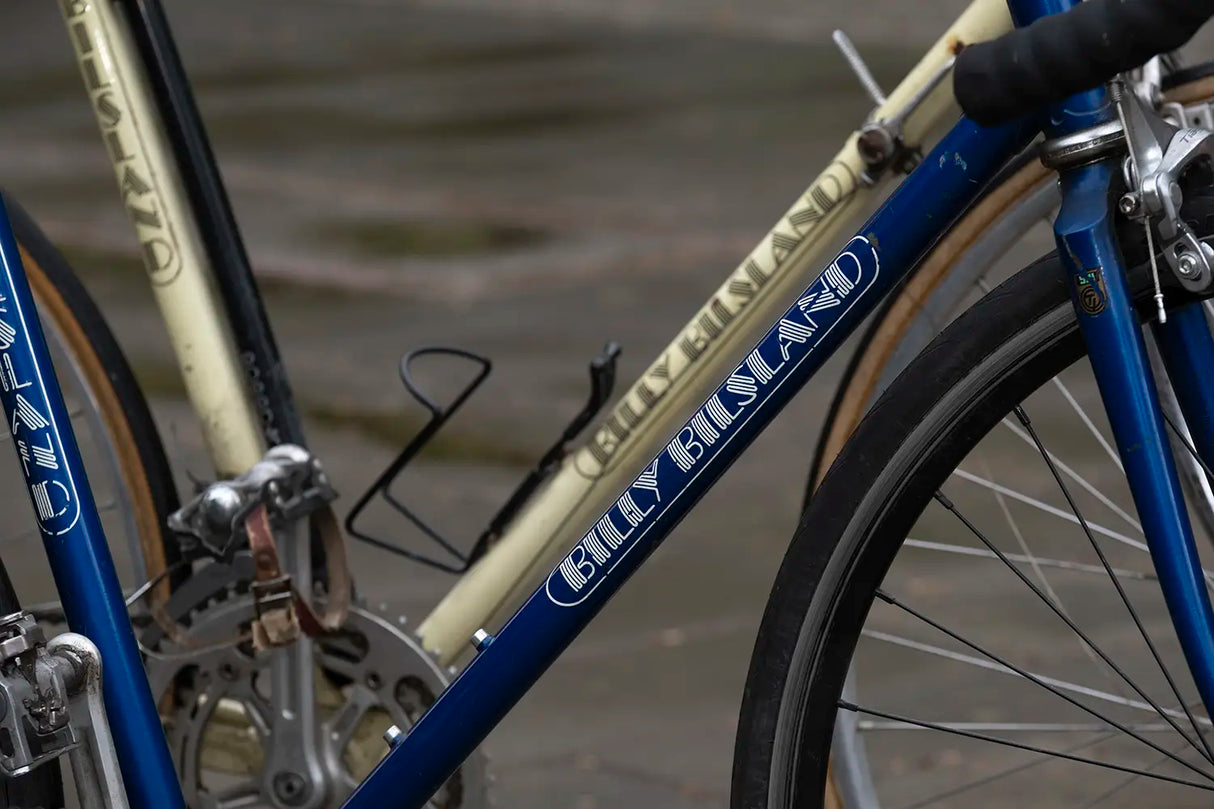 Close-up of vintage Billy Bilsland branded bicycles, complementing the 45th Anniversary Short Sleeve Mens Jersey for classic cycling style.