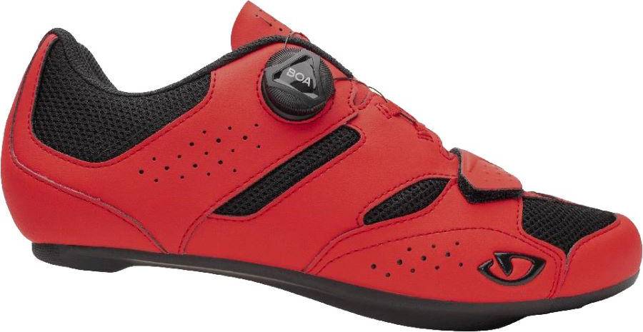 Side profile of red Giro Savix II Road Cycling Shoe with BOA dial and mesh panels, ideal for road cyclists seeking performance and style.