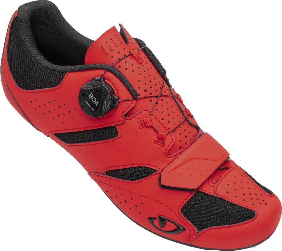Top angled view of red Giro Savix II Road Cycling Shoe showcasing breathable design and secure BOA fit system for road cycling comfort.