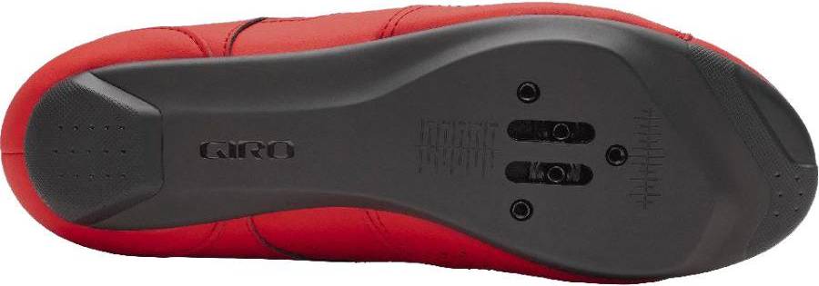 Outsole of red Giro Savix II Road Cycling Shoe with cleat mounting system and durable construction for efficient power transfer.