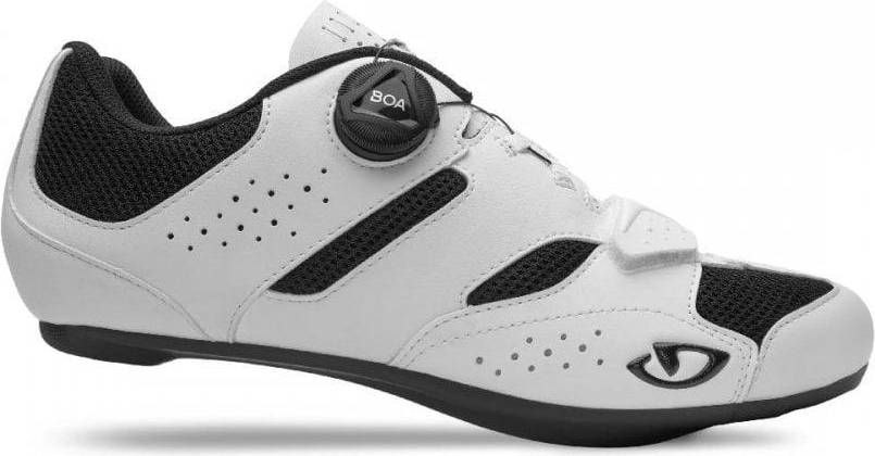 Side view of white Giro Savix II Road Cycling Shoe with black mesh and BOA dial, offering a sleek design and high-performance fit.