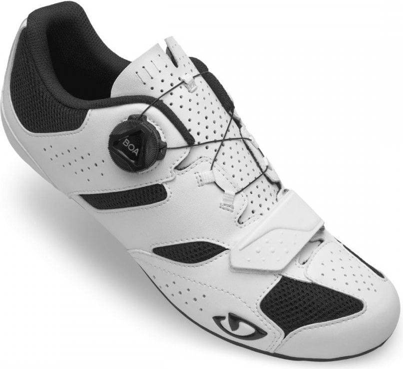 Angled top view of white Giro Savix II Road Cycling Shoe featuring perforated upper and BOA closure for breathable, snug cycling fit.