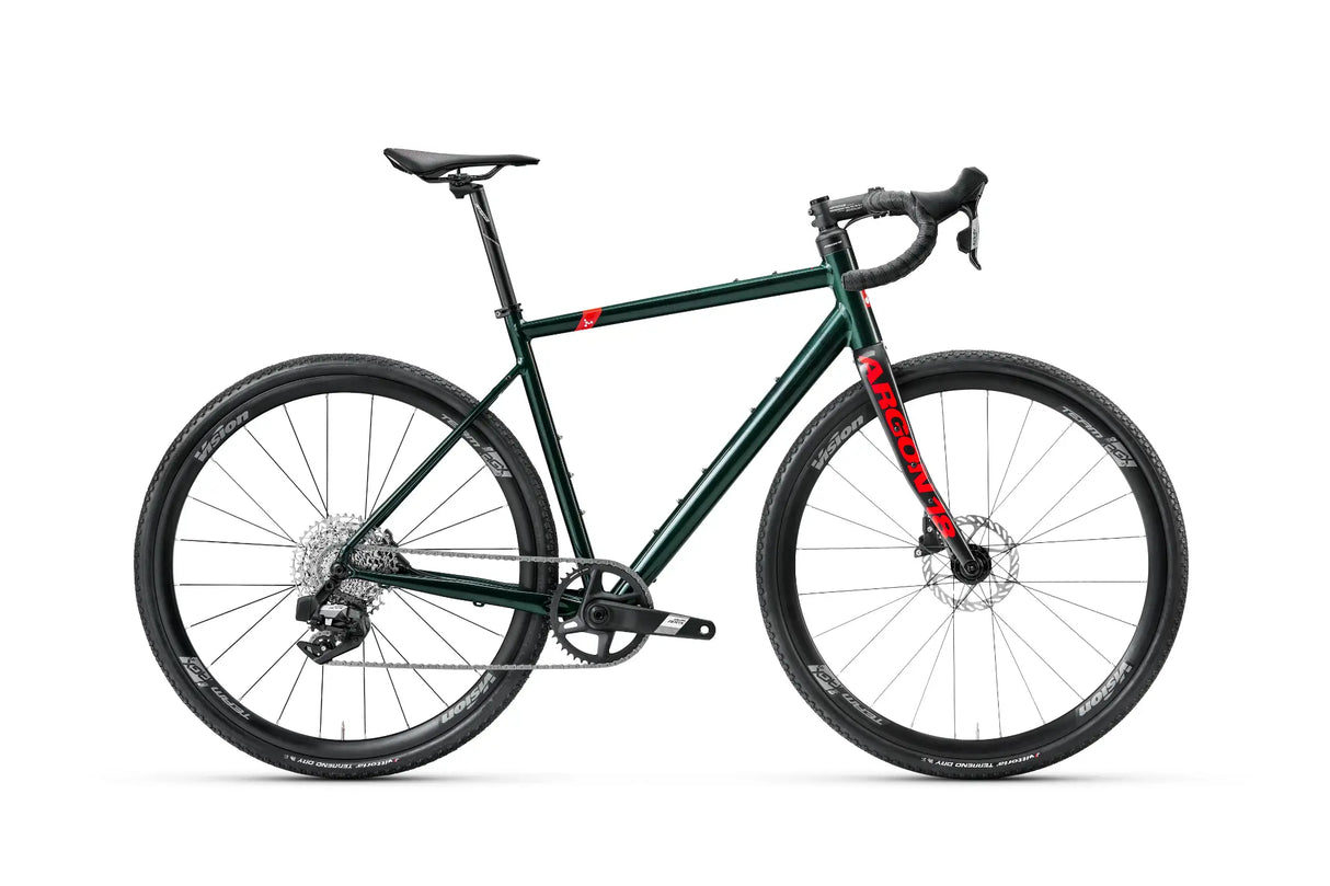 Argon 18 Grey Matter Apex XPLR AXS Gravel Bike in dark green with drop bars and disc brakes, ideal for rugged off-road cycling adventures.