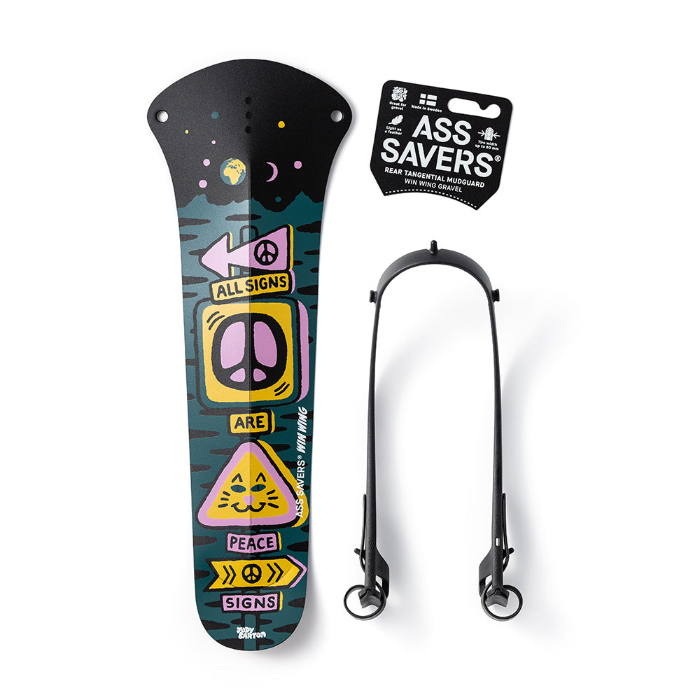 Ass Savers Win Wing Gravel 2 rear mudguard with a colorful graffiti-style design featuring peace signs and caution symbols.