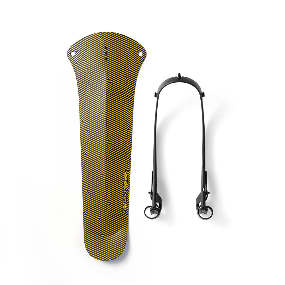 Ass Savers Win Wing Gravel 2 rear mudguard with a yellow and black striped pattern, offering durable and lightweight mud protection.