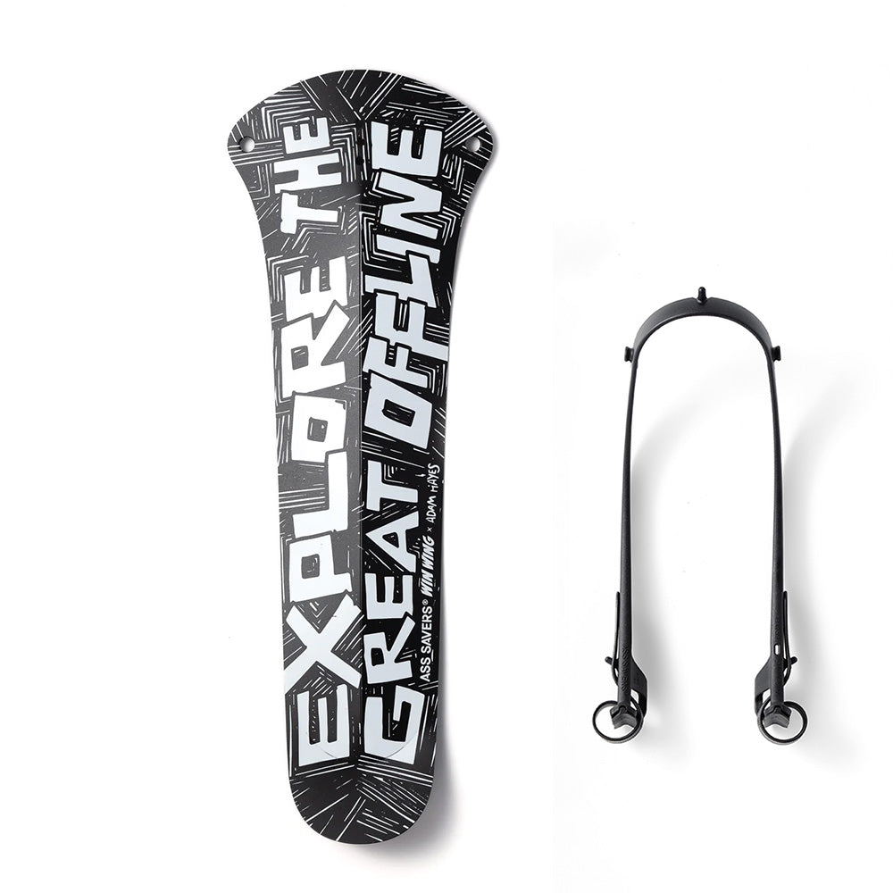 Ass Savers Win Wing Gravel 2 rear mudguard with bold black and white typography reading 'Explore the Great Offline' for adventure cyclists.