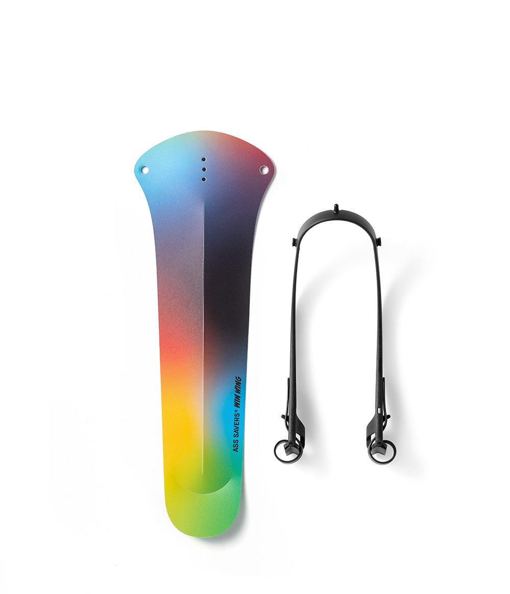 Ass Savers Win Wing Gravel 2 rear mudguard with a vibrant rainbow gradient design, combining style and functionality for gravel biking.