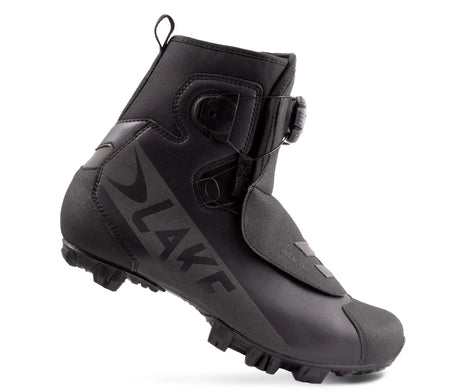 Side view of Lake MX146 Winter Mountain Bike Shoe showing insulated ankle coverage and rugged tread for off-road cycling.
