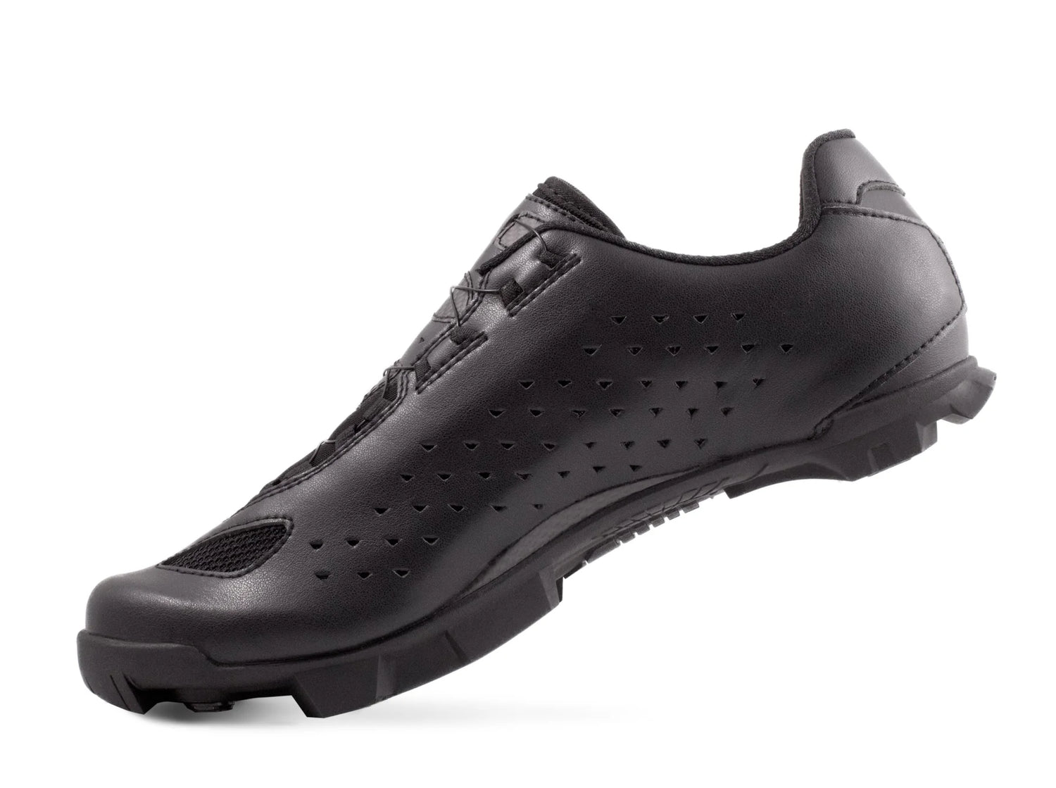 Rear angle of Lake MX219 Mountain Bike Shoe highlighting aerodynamic design and breathable leather upper for rugged off-road cycling.