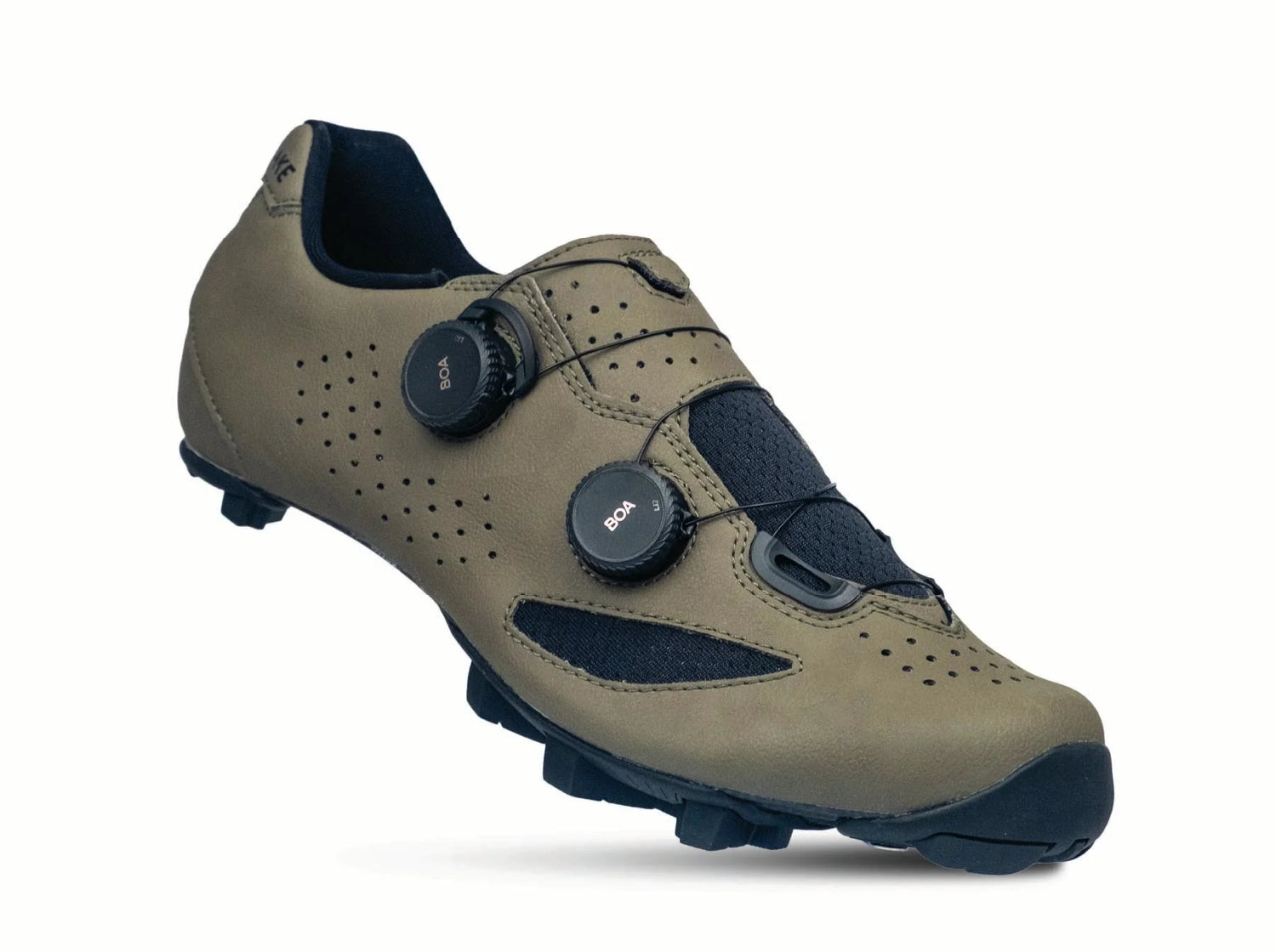 Brown cycling shoe with black accents on a white background