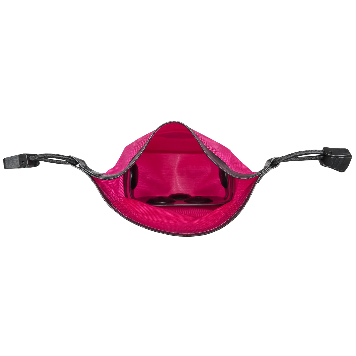 Open vibrant cyber pink Ortlieb Micro-Bag saddle bag showing black interior and adjustable mounting straps.