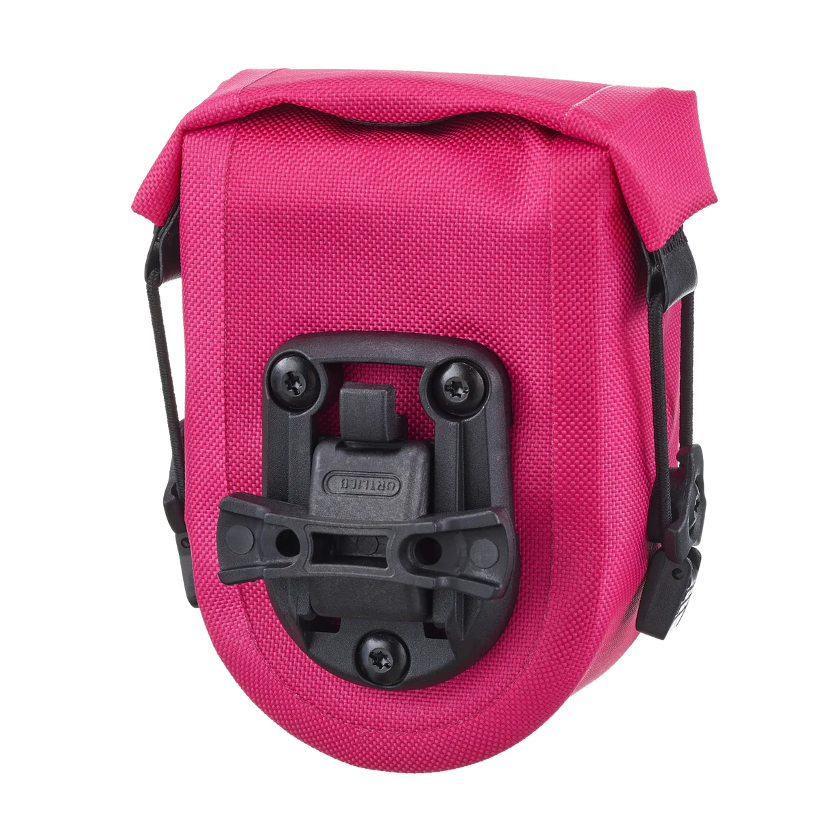 Compact cyber pink saddle bag with roll-top closure and black mounting bracket.