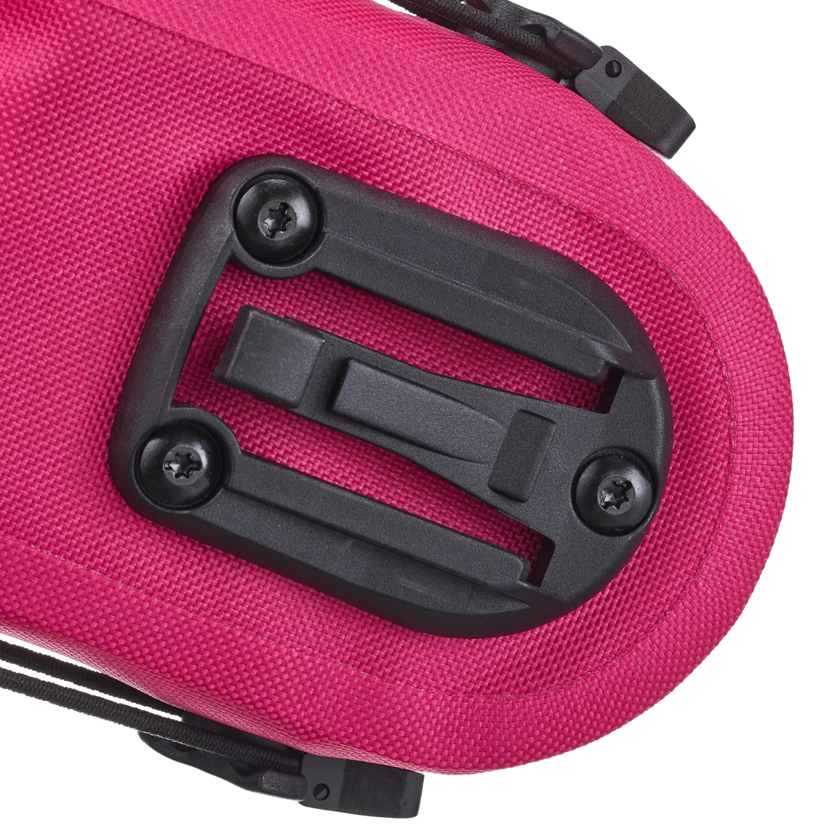 Cyber pink textured fabric saddle bag with black plastic mounting plate and screws.