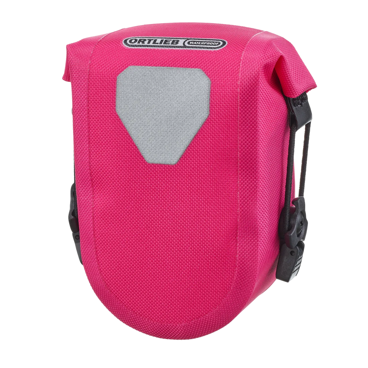 Compact cyber pink Ortlieb Micro-Bag saddle bag with reflective gray patch and black mounting clips.