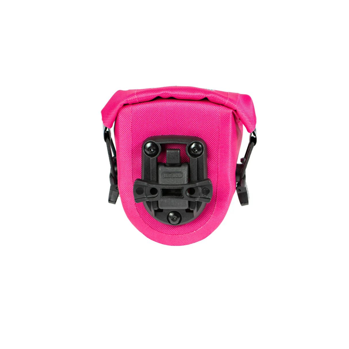 Bright pink compact saddle bag with black mounting bracket and reflective strip.