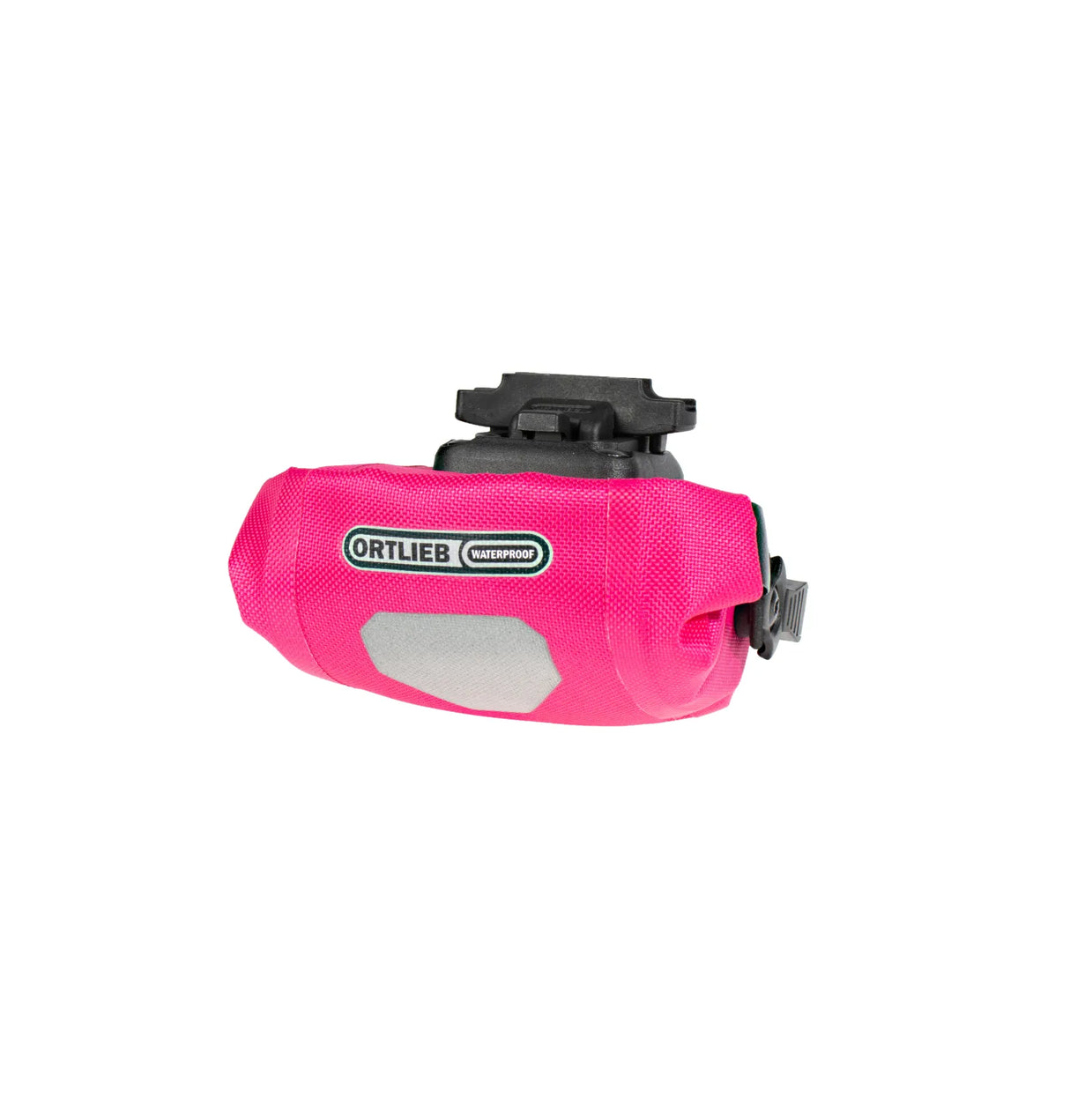 Compact cyber pink waterproof saddle bag with black mounting bracket and reflective patch.