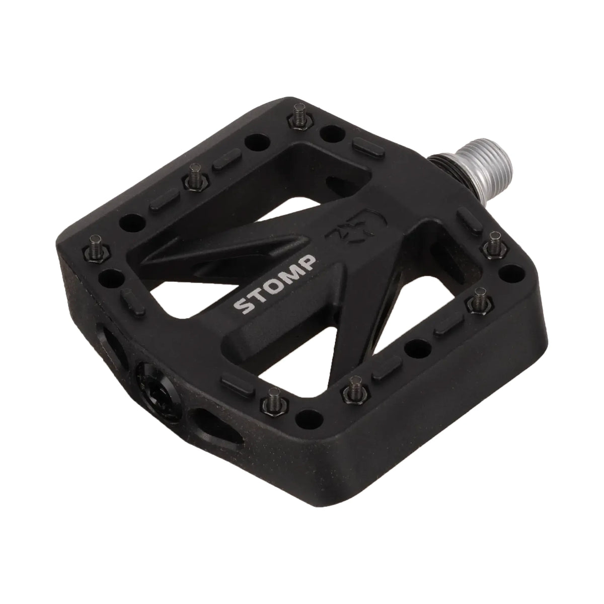 Black Oxford Stomp Jr nylon flat bicycle pedal for junior riders, with CroMo spindle and steel pins.