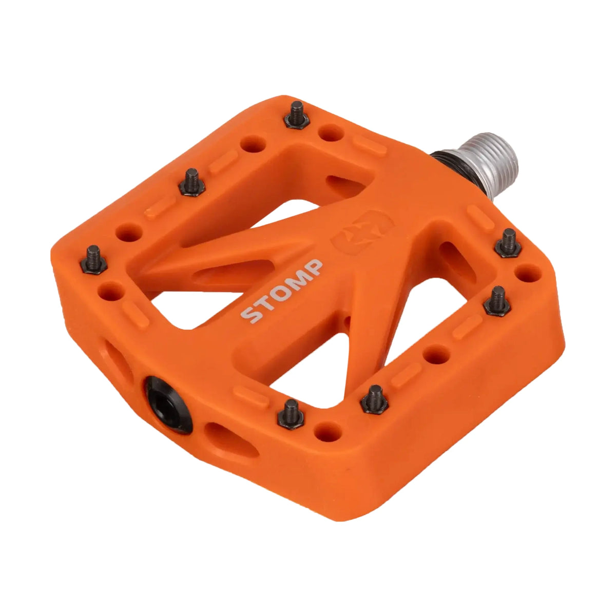 Orange Oxford Stomp Jr nylon flat bicycle pedal for junior riders, with CroMo spindle and steel pins.