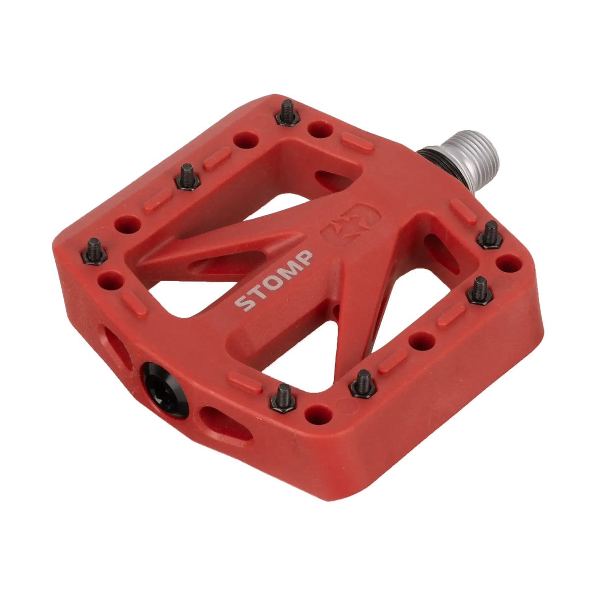 Red Oxford Stomp Jr nylon flat bicycle pedal for junior riders, with CroMo spindle and steel pins.