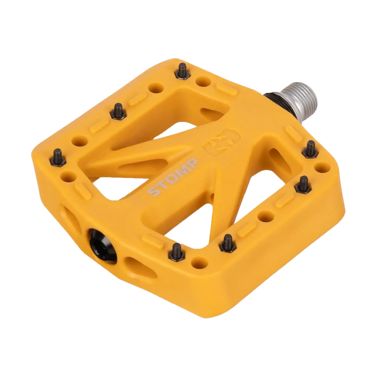 Yellow Oxford Stomp Jr nylon flat bicycle pedal for junior riders, with CroMo spindle and steel pins.