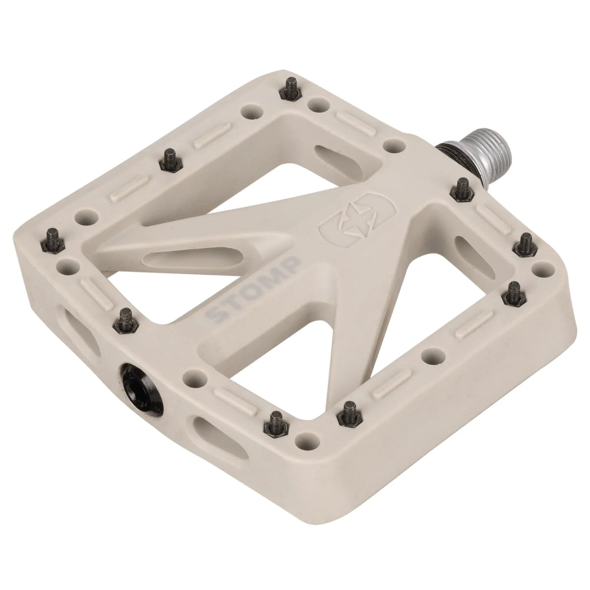 Grey Oxford Stomp nylon flat bicycle pedal with CroMo spindle and replaceable steel pins.