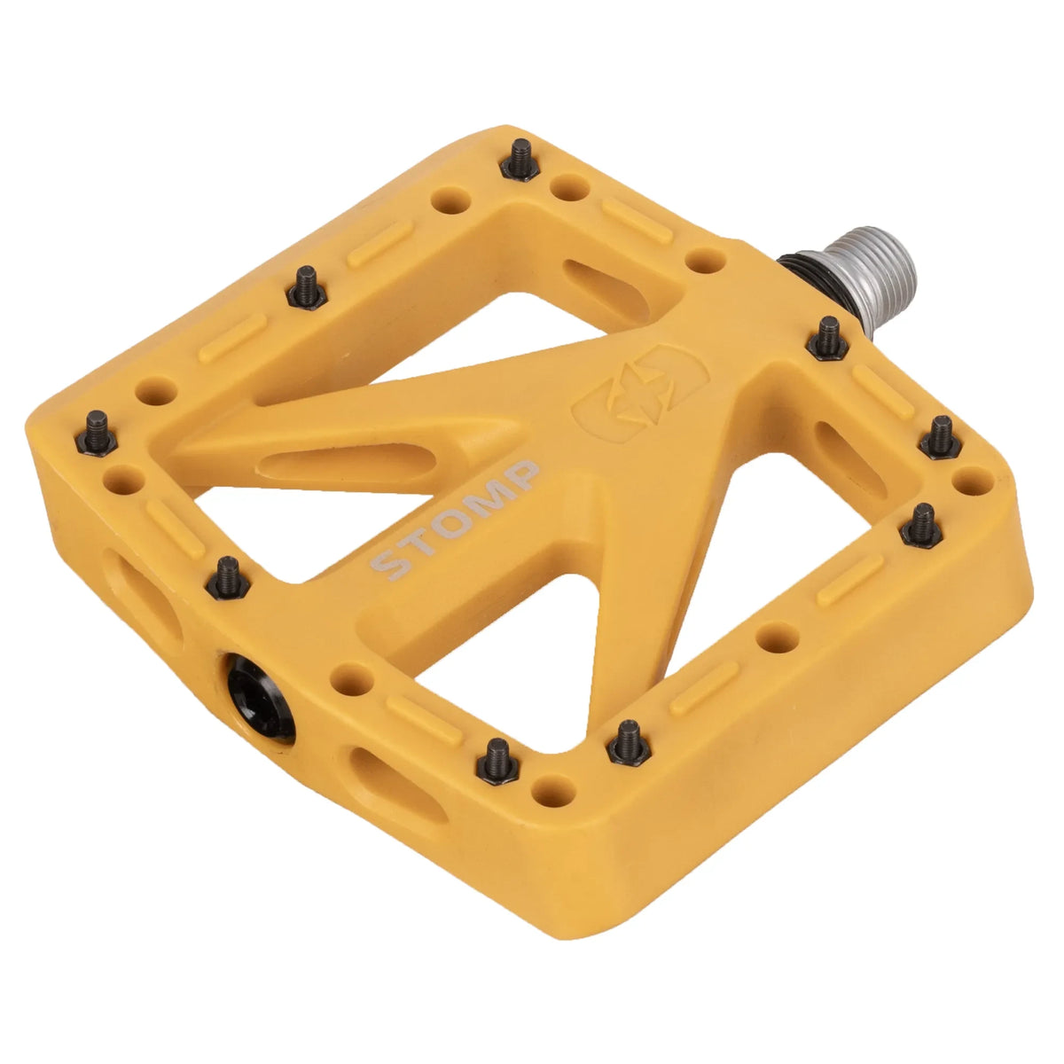 Yellow Oxford Stomp nylon flat bicycle pedal with CroMo spindle and replaceable steel pins.