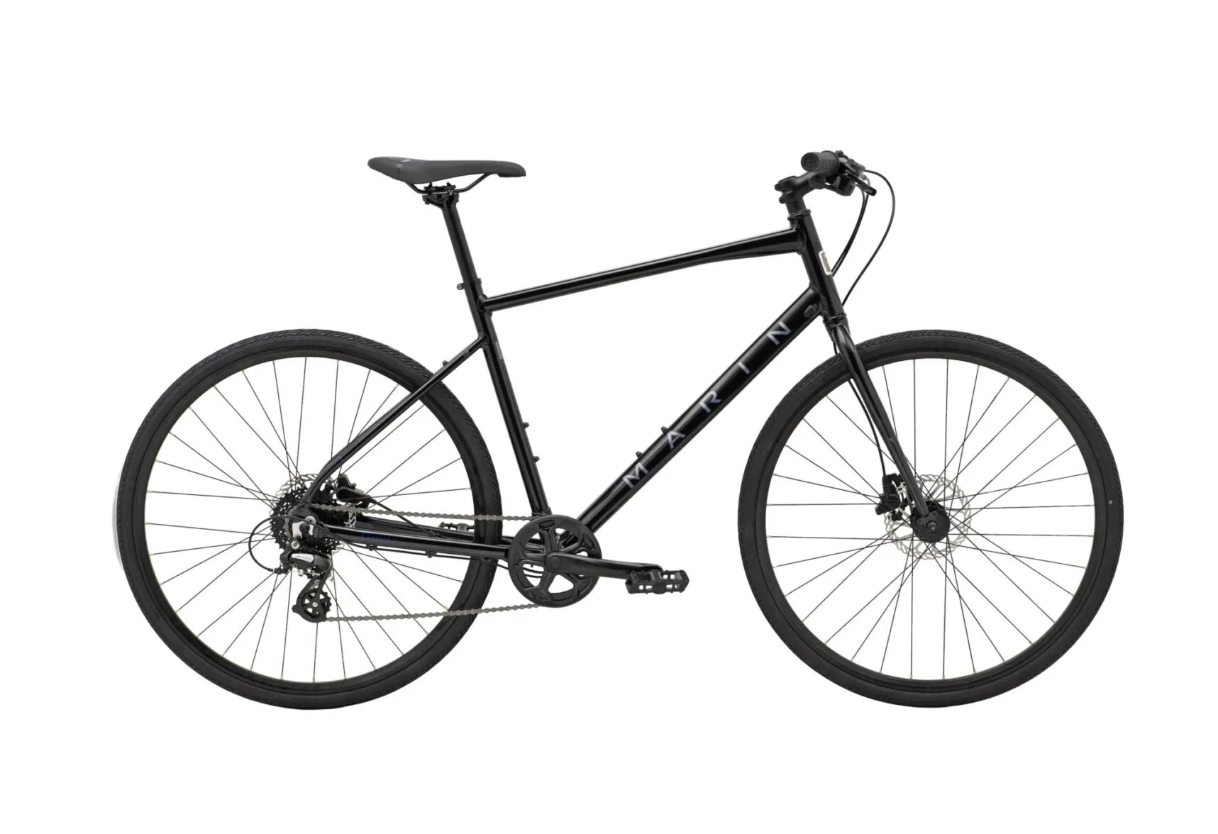 Marin Presidio 1 Gravel Bike in matte black with flat handlebars and disc brakes, ideal for urban commuting and hybrid cycling performance.