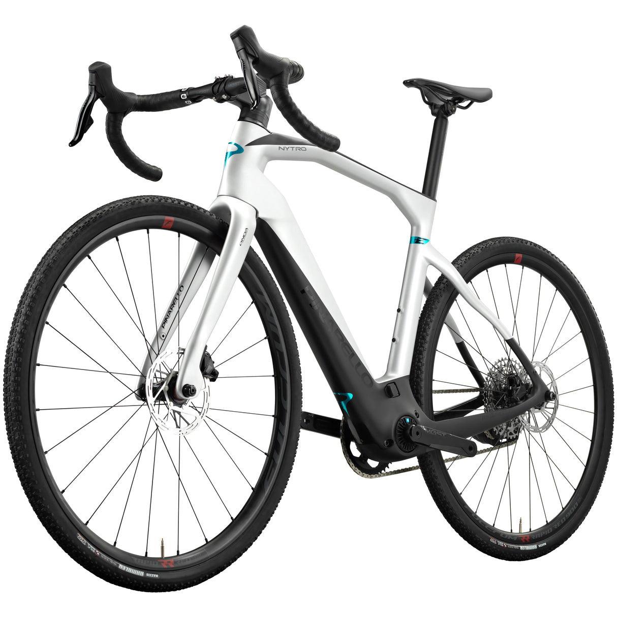 Front angled view of Pinarello Nytro Gravel E5 Rival AXS Electric Gravel Bike highlighting integrated motor and carbon frame for high-performance gravel riding.