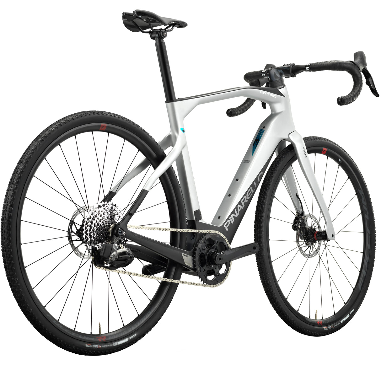 Rear angled view of Pinarello Nytro Gravel E5 Rival AXS Electric Gravel Bike showcasing SRAM drivetrain and robust gravel tires for rugged terrain.