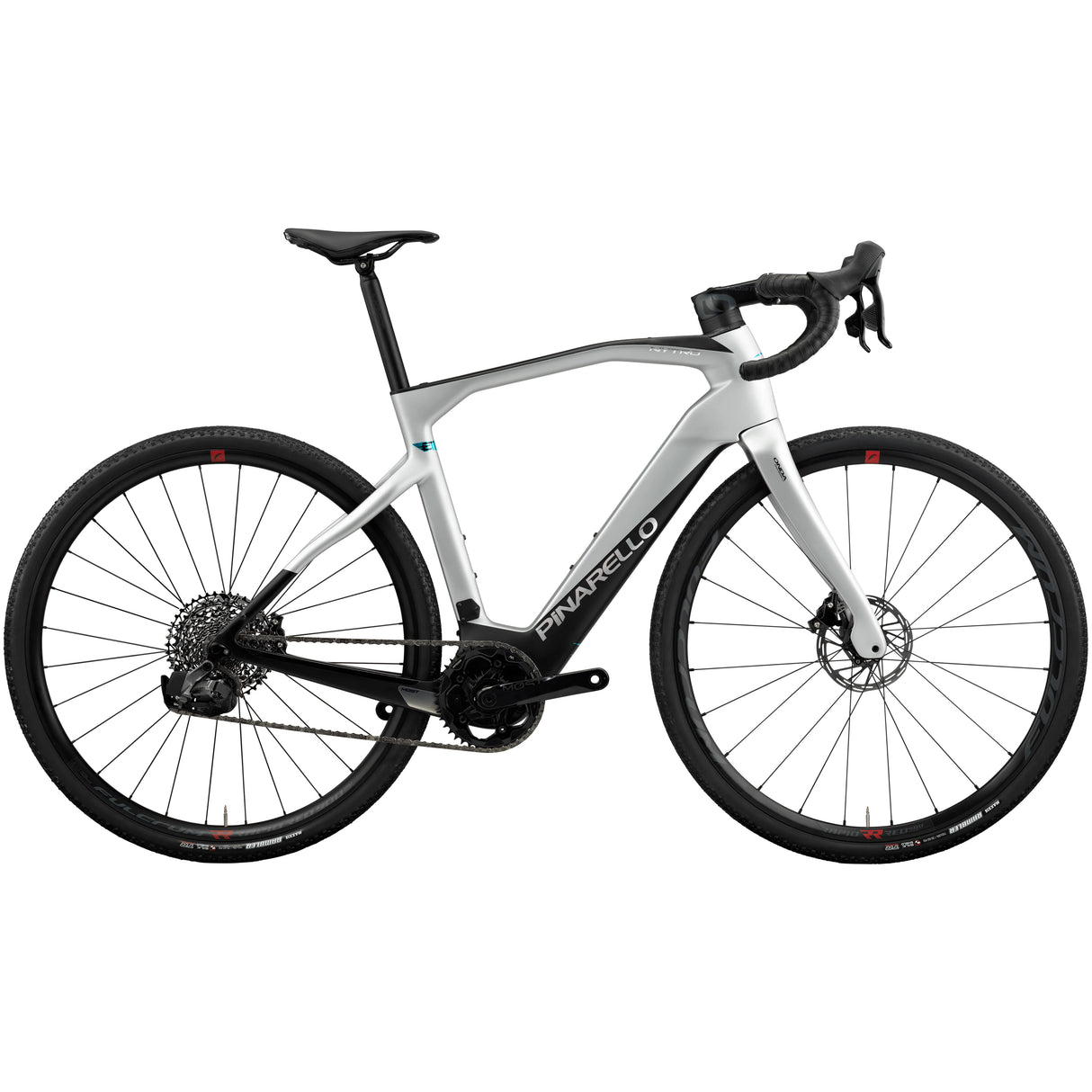 Pinarello Nytro Gravel E5 Rival AXS Electric Gravel Bike in silver with aerodynamic frame and drop handlebars, ideal for off-road cycling adventures.