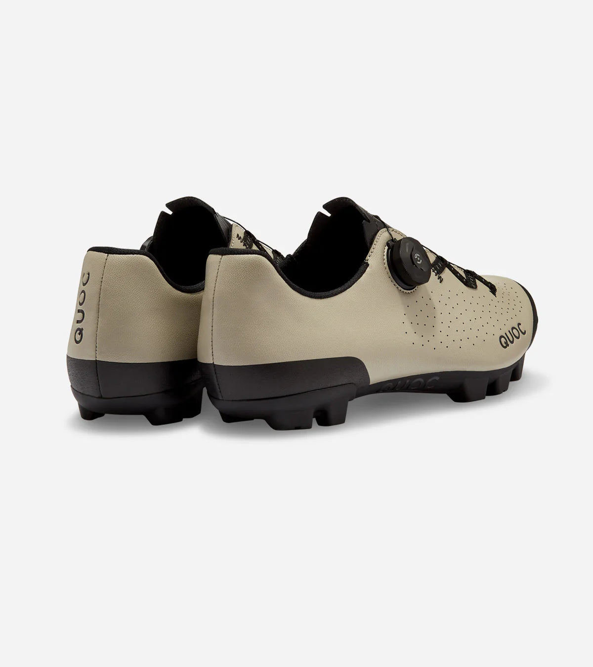 Rear view of QUOC Escape Off-Road Shoe in sand color, showcasing heel stability and rugged outsole for trail use.