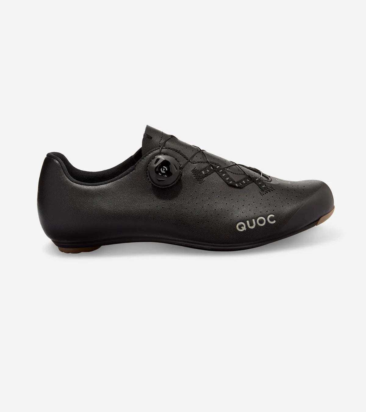 QUOC Escape Road Shoe in black, side profile showcasing sleek design and dial closure for optimal fit and cycling performance.