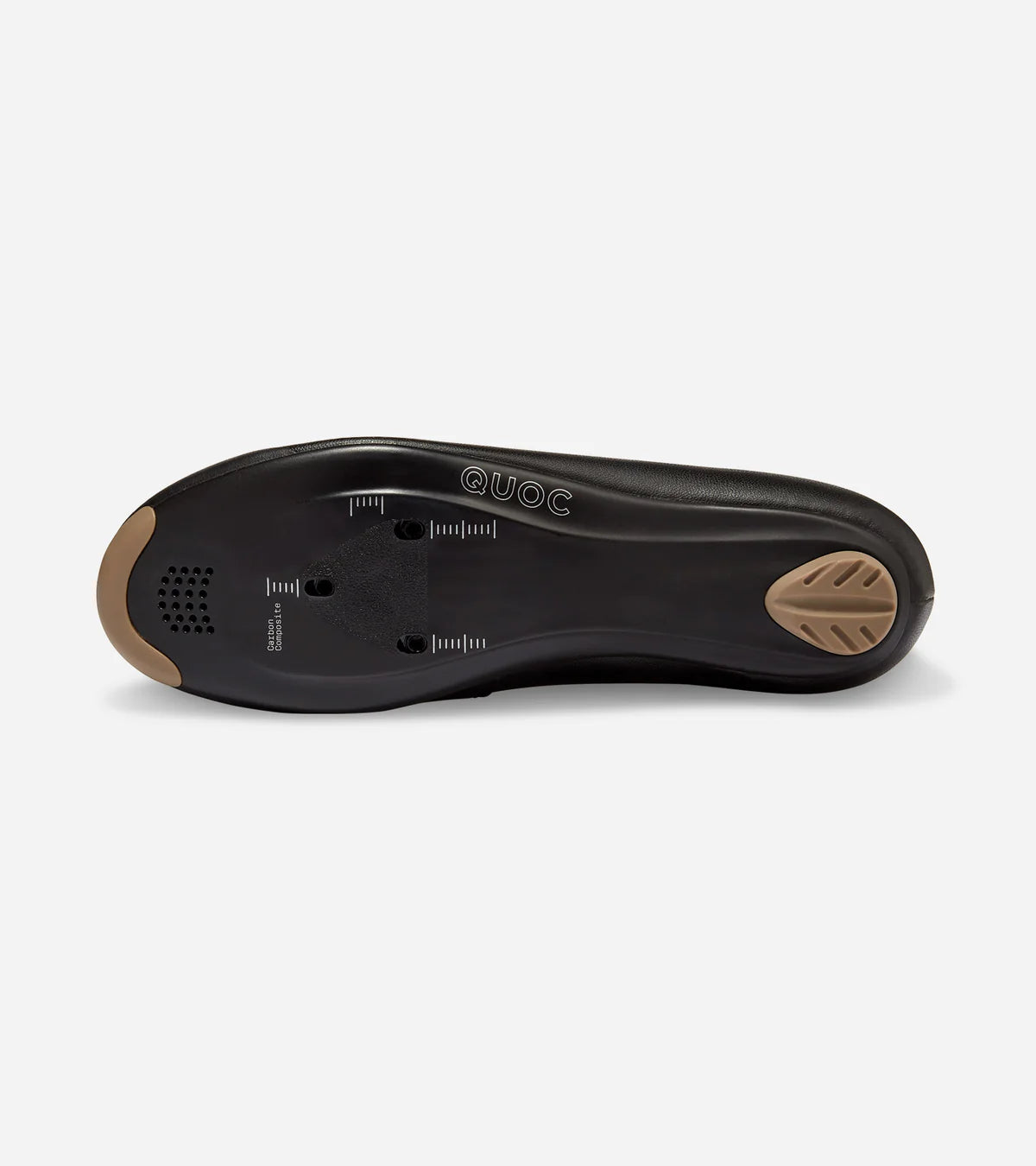 Outsole of black QUOC Escape Road Shoe showing cleat compatibility and grip zones for efficient pedaling and walking stability.