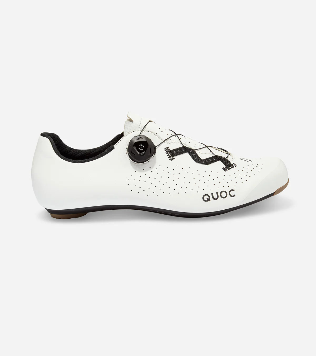 QUOC Escape Road Shoe in white, side profile with contrast lace design and performance dial for secure cycling fit.