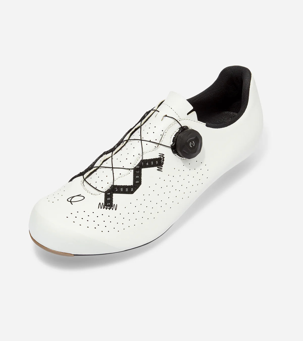 Angled view of white QUOC Escape Road Shoe with ergonomic design and dial closure for long-distance cycling comfort.