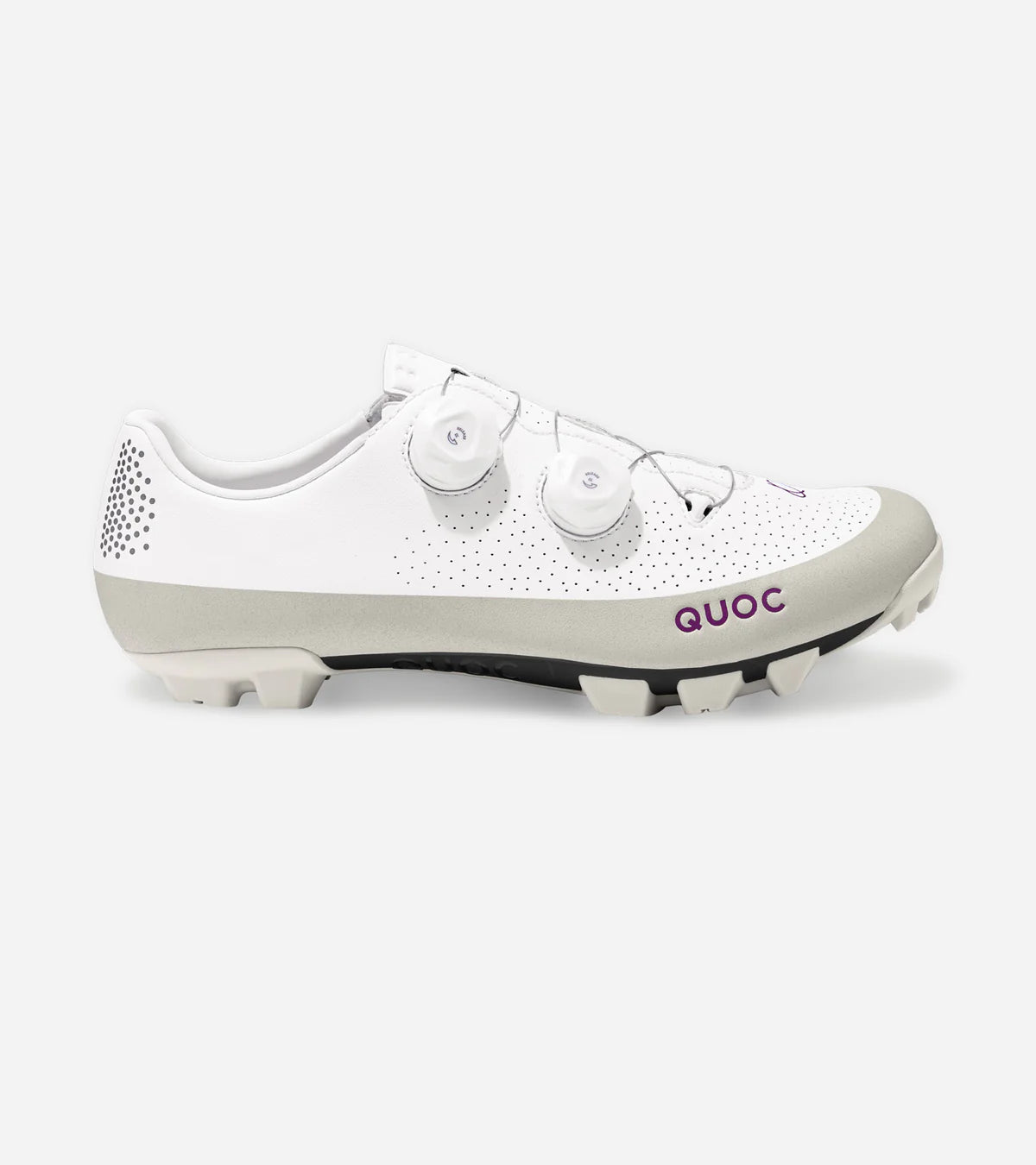 Side profile of QUOC Gran Tourer XC Off-Road Shoe in white and grey with purple branding, designed for high-performance gravel cycling.