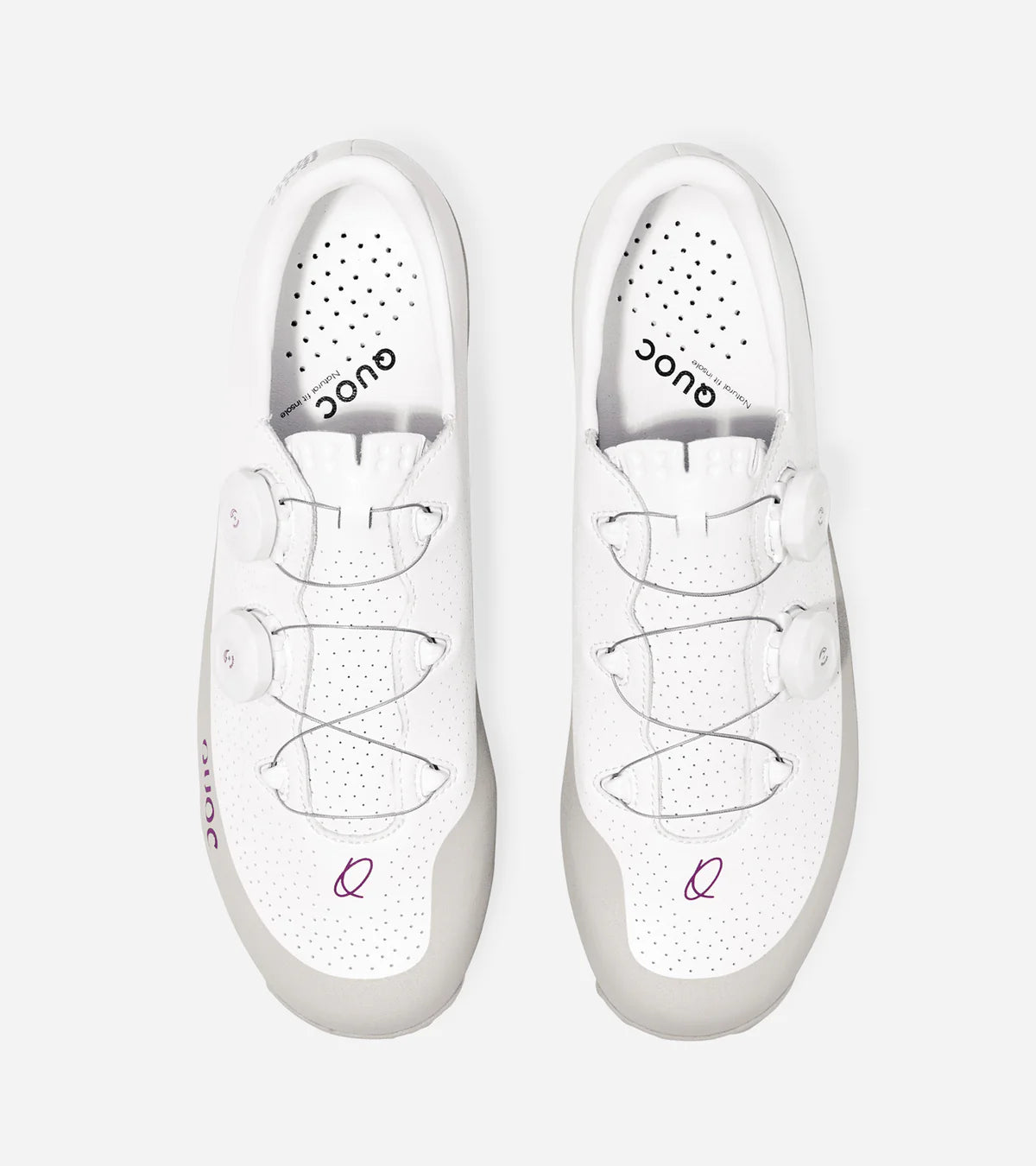 Top view of QUOC Gran Tourer XC Off-Road Shoes in white and grey, featuring breathable perforations and secure dial closure system.