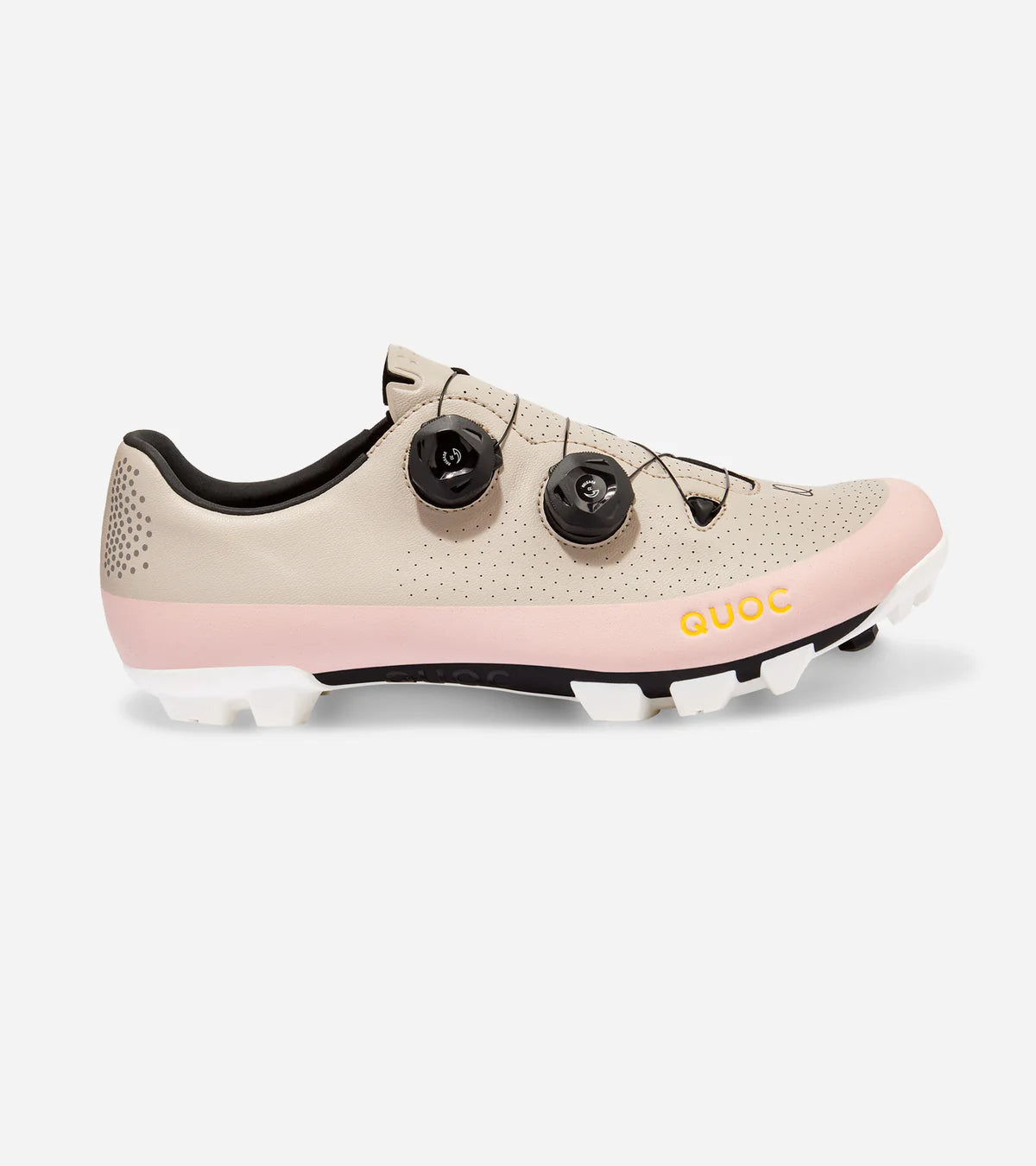 QUOC Gran Tourer XC Off-Road Shoe in sand and pink with dual dial closure, ideal for rugged cycling adventures and off-road performance.