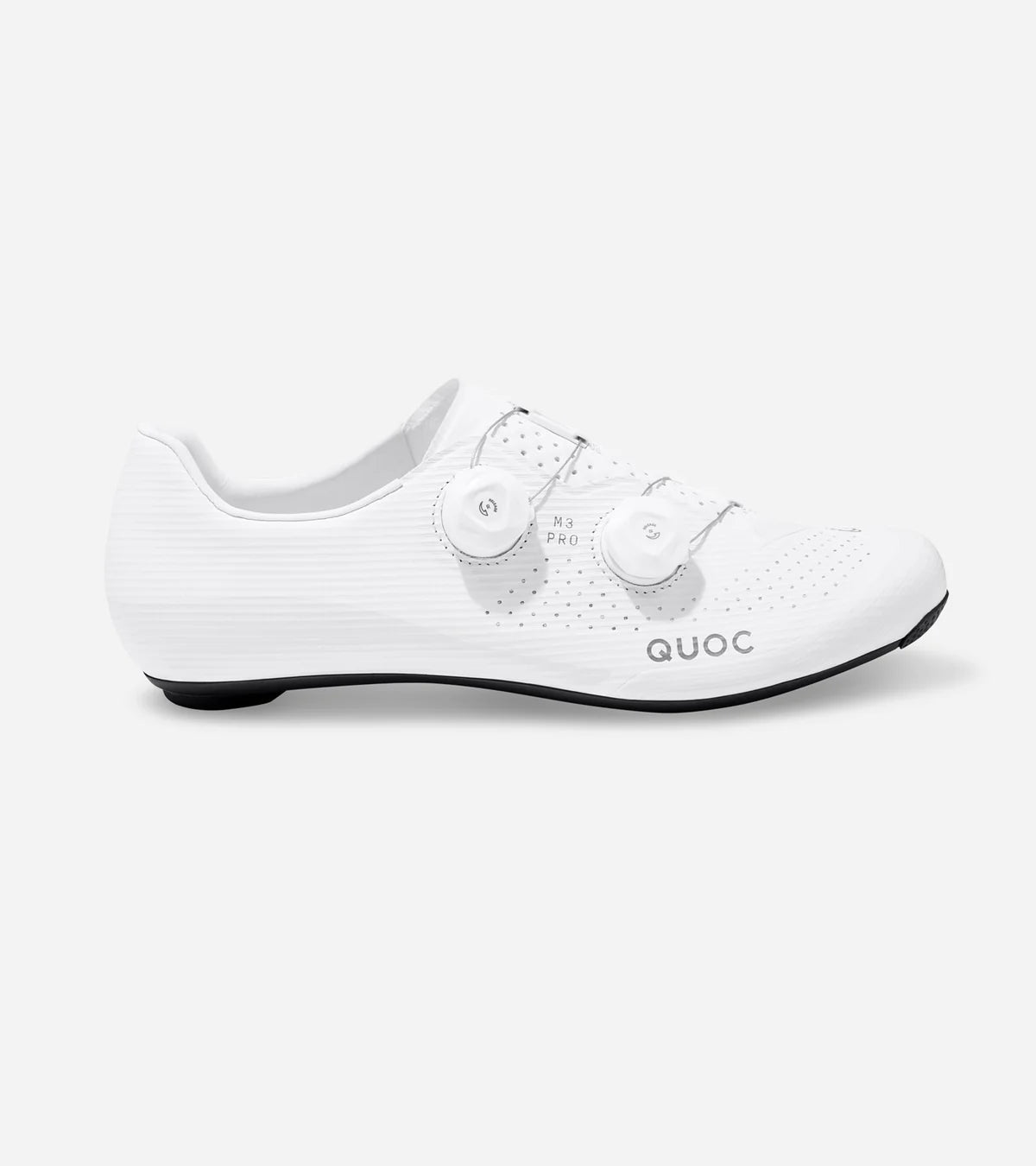 QUOC M3 Pro Road Shoe in white side profile showcasing dual dial closure and perforated upper for breathability and stability.