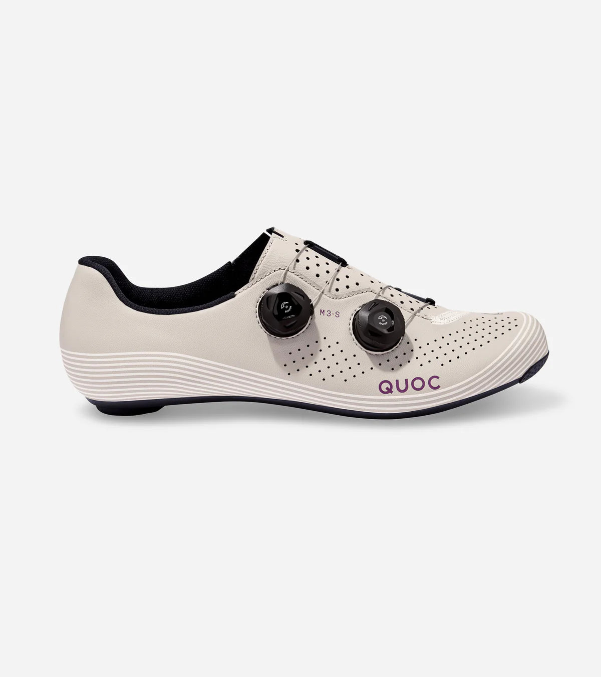 QUOC M3 Sport Road Shoe in off-white with purple branding, engineered for stiffness and long-distance cycling comfort.