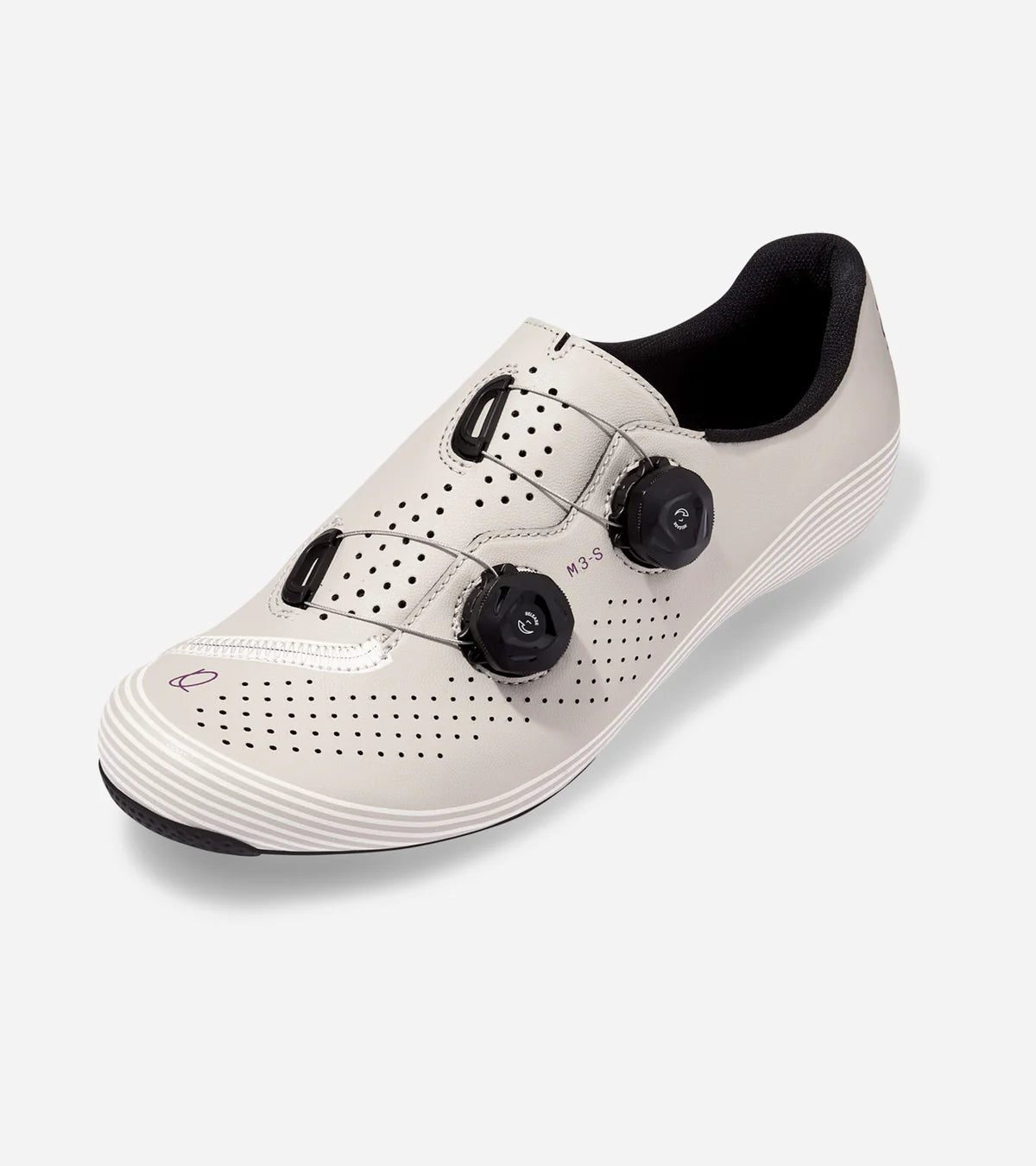 Angled view of off-white QUOC M3 Sport Road Shoe with sleek profile and race-inspired design for serious cyclists.