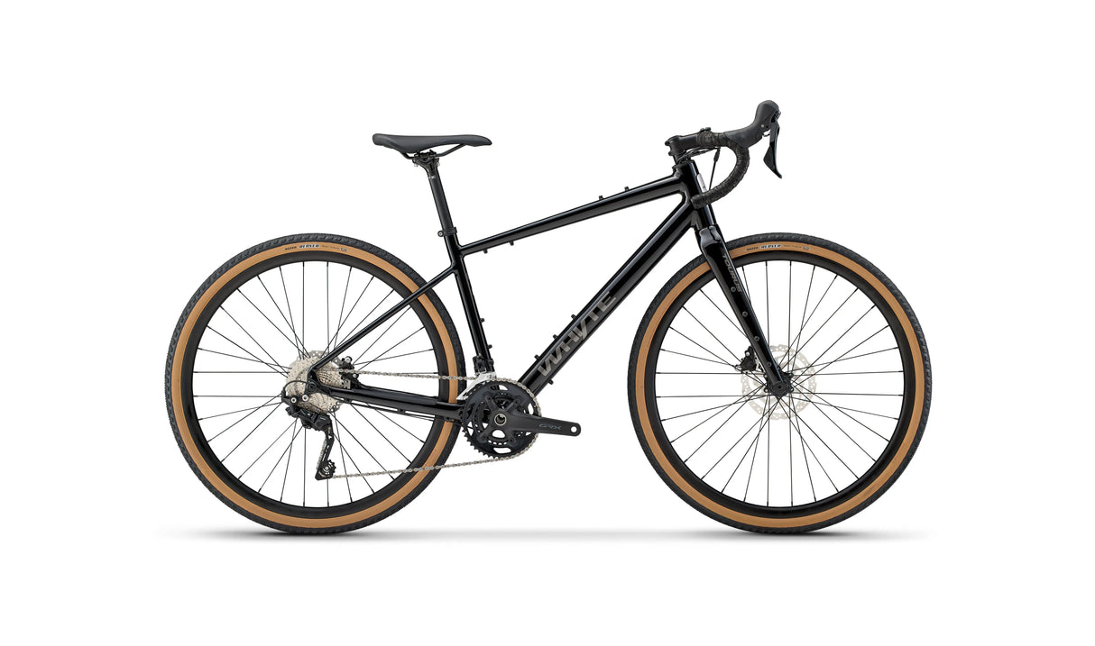 Whyte Tourus Gravel Bike in matte black with tan wall tires, ideal for commuting, touring, and off-road cycling adventures.
