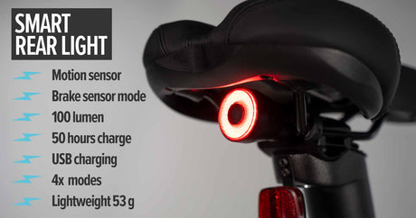 Close-up of smart rear light on estarli E20.7 Comfort Hybrid E-Bike, featuring motion sensor, USB charging, and 100 lumen brightness.
