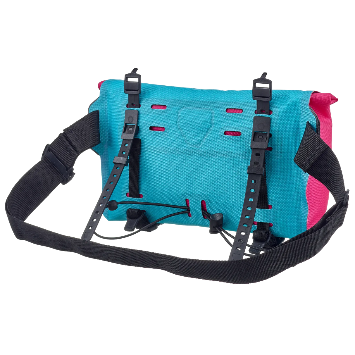 Compact cyber blue handlebar bag with adjustable black straps and pink side panel, designed for bike storage.