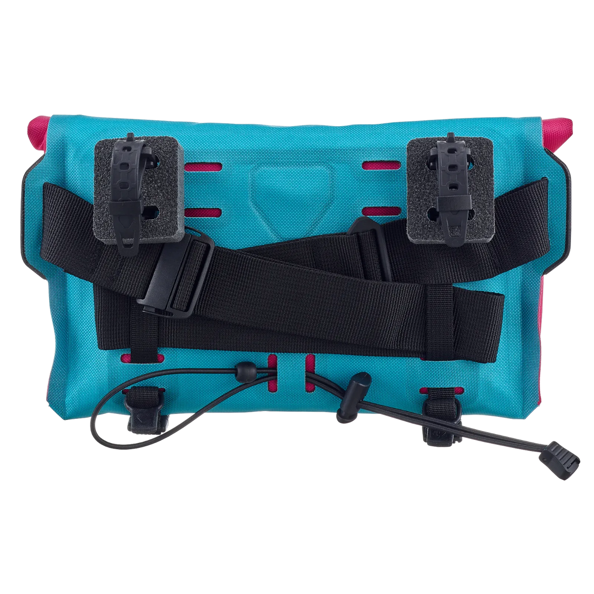 Cyber blue rectangular Ortlieb handlebar bag with black adjustable straps and mounting brackets.